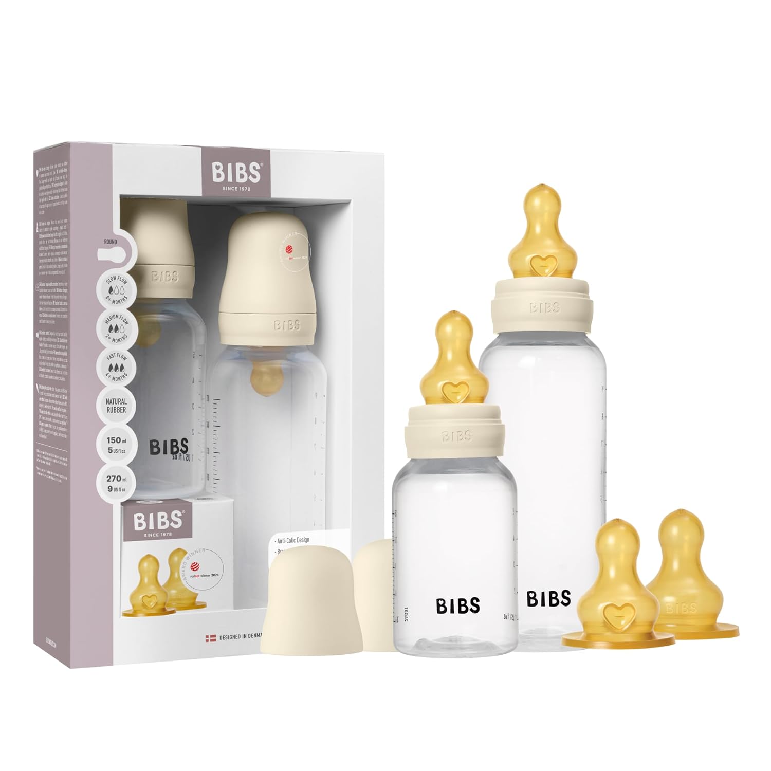 BIBS Baby Bottle Grow & Flow Starter Kit Natural Rubber Latex - Anti-Colic, BPA-Free, Round Nipple, Slow/Medium/Fast Flow, Lightweight & Easy to Clean, Suitable for Newborns 0+ Years - Ivory