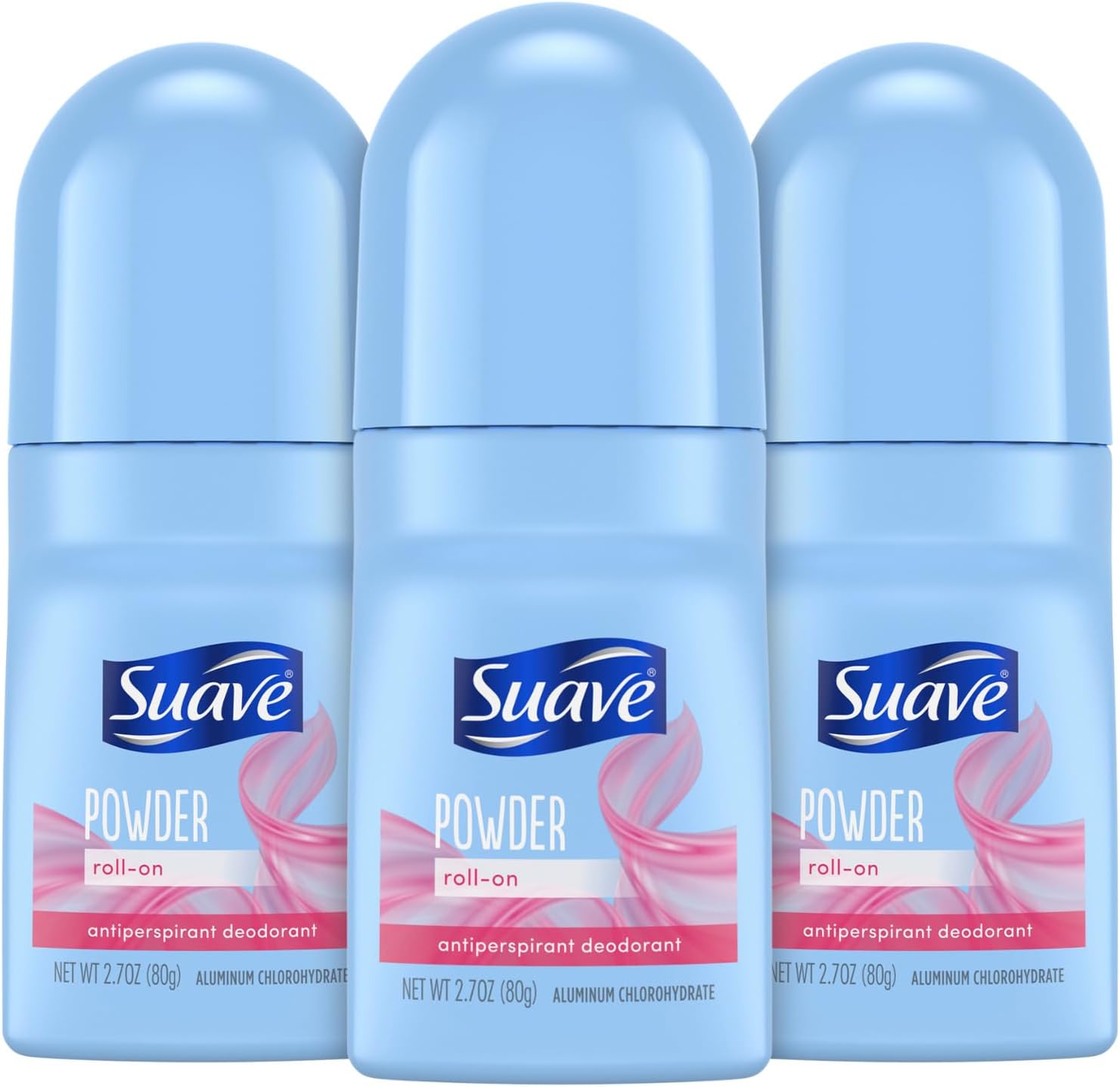 Suave Roll-On Deodorant for Women, Powder Fresh Scent, 3-Pack – Antiperspirant Deodorant with 24H Sweat & Odor Protection, 2.7 Oz Ea