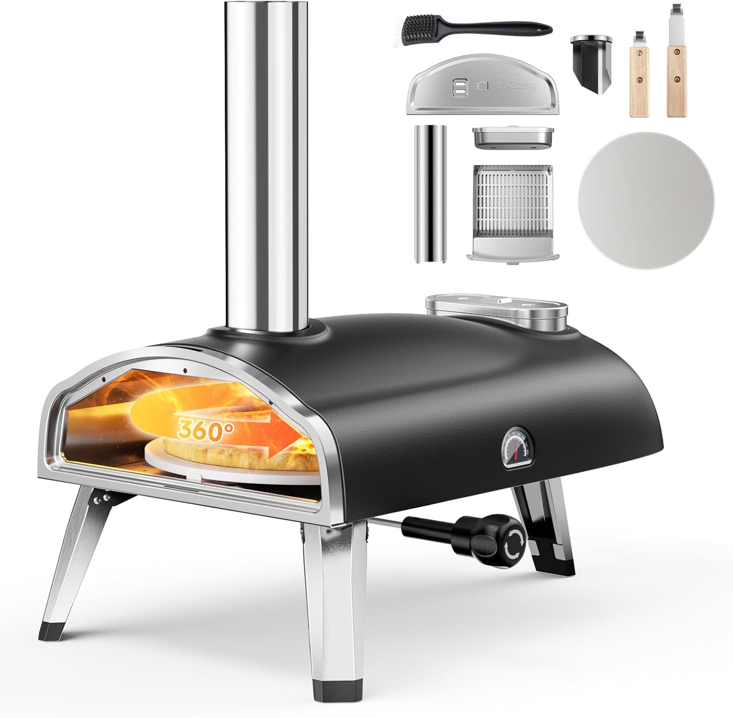 Pizza Oven Outdoor 12" Wood Fire Pizza Ovens Pellet Pizza Stove for outside With Rotatable Round Pizza Stone, Built-in Thermometer Wood Burning Portable Pizza Oven Stainless Steel Oven