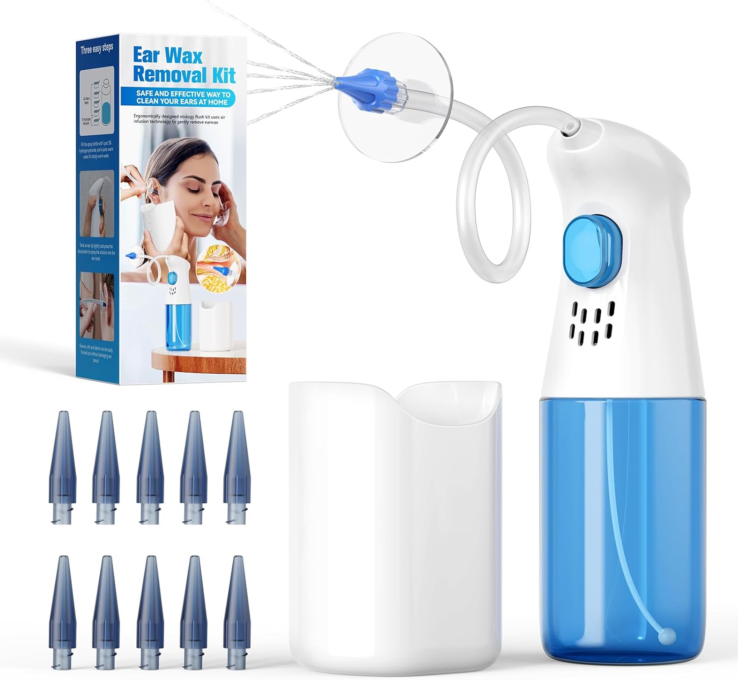 Ear Wax Removal Kit, Qimic Ear Cleaner, Ear Wax Remover for Safe Effective Ear Irrigation Flushing, Complete Ear Cleaning Kit Features 10 Replaceable Tips for Home Use