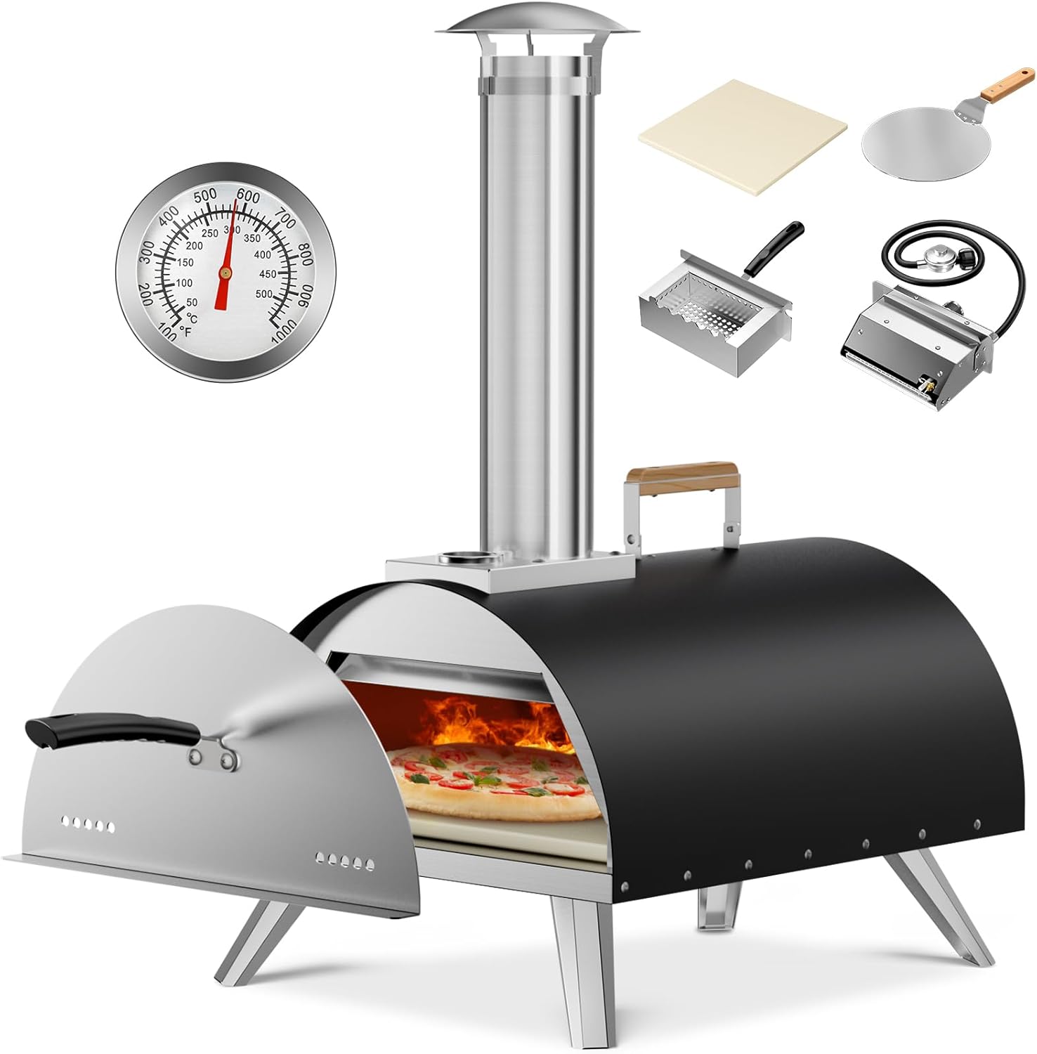 Multi-Fuel Pizza Oven Outdoor, 12" Portable Wood and Gas Fired Pizza Oven with Thermometer,Gas Hose & Pizza Stone,Heats up to 1000°F,Stainless Steel Pizza Oven for Backyard or Camping (Black)