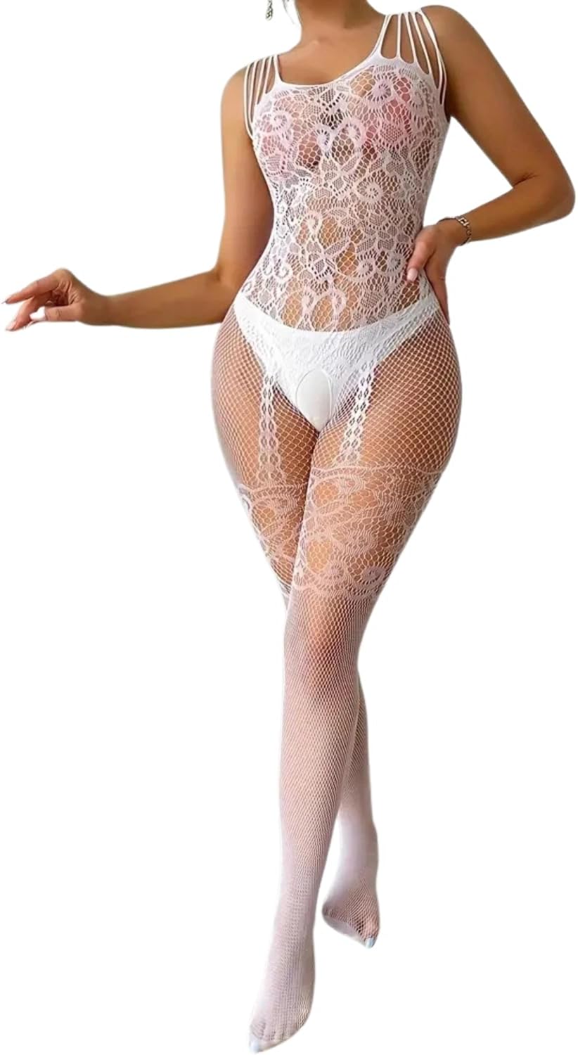 Women Sexy Fishnet Mesh Bodystockings See through Floral Lace Lingerie Sheer Backless Tight-Fitting Underwear Stretchy One Piece Sleeveless Babydoll Naughty Bodysuit
