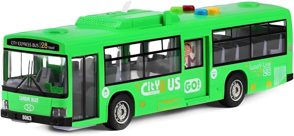 Cemirk Bus Toy for Boys and Girls Ages 1 and Up - with Lights and Sounds, Realistic Tires, Simulated Functional Doors, Friction-Powered Movement, Green