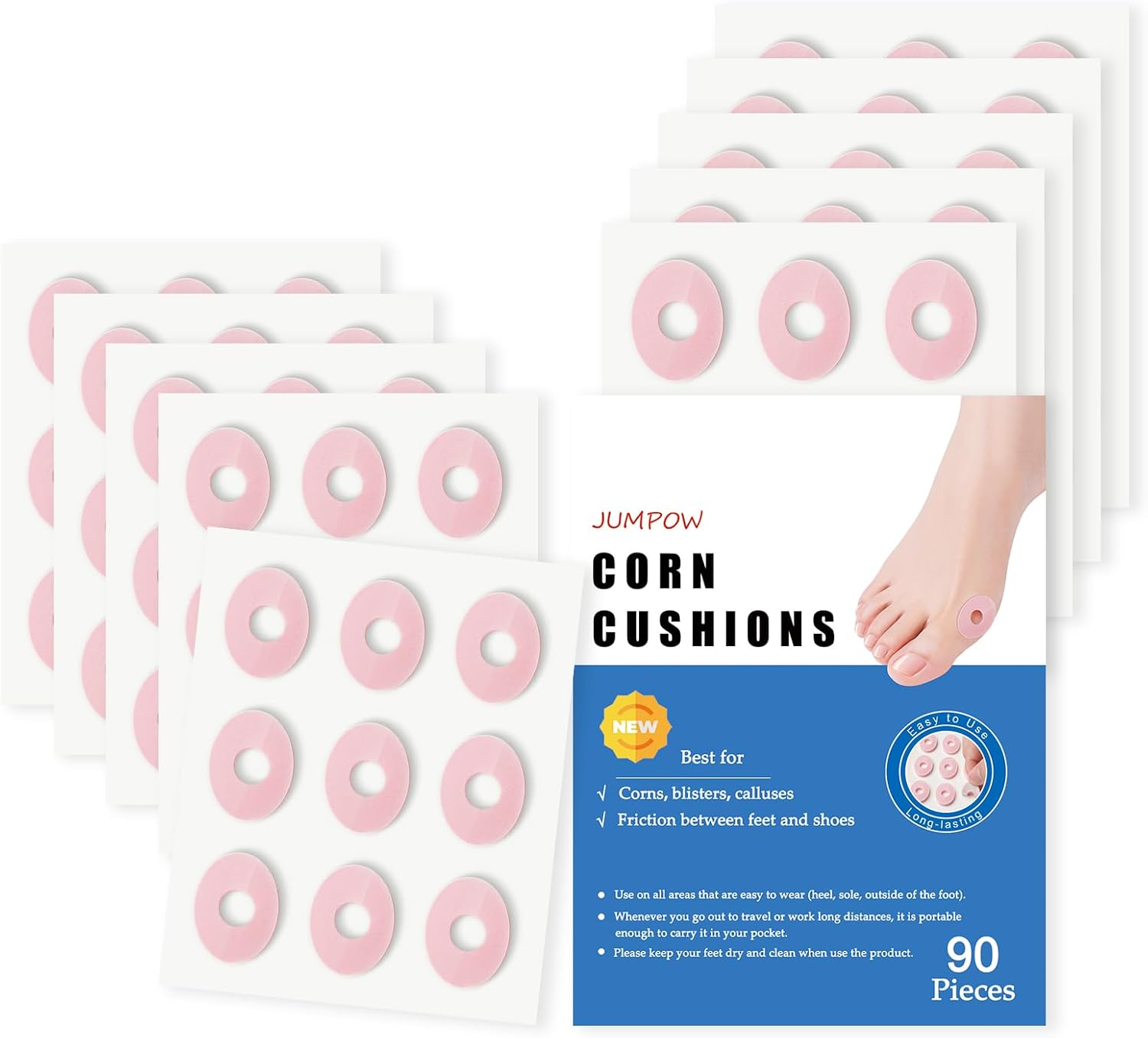 JUMPOW 90 Pcs Corn Cushions Callus Pads, Corn Removers for Feet, Soft Foam Callus Cushions, Corn Protectors, Self-Stick Adhesive Cushions, Relief Pain from Calluses, Corns, Blisters, Heel Frictions
