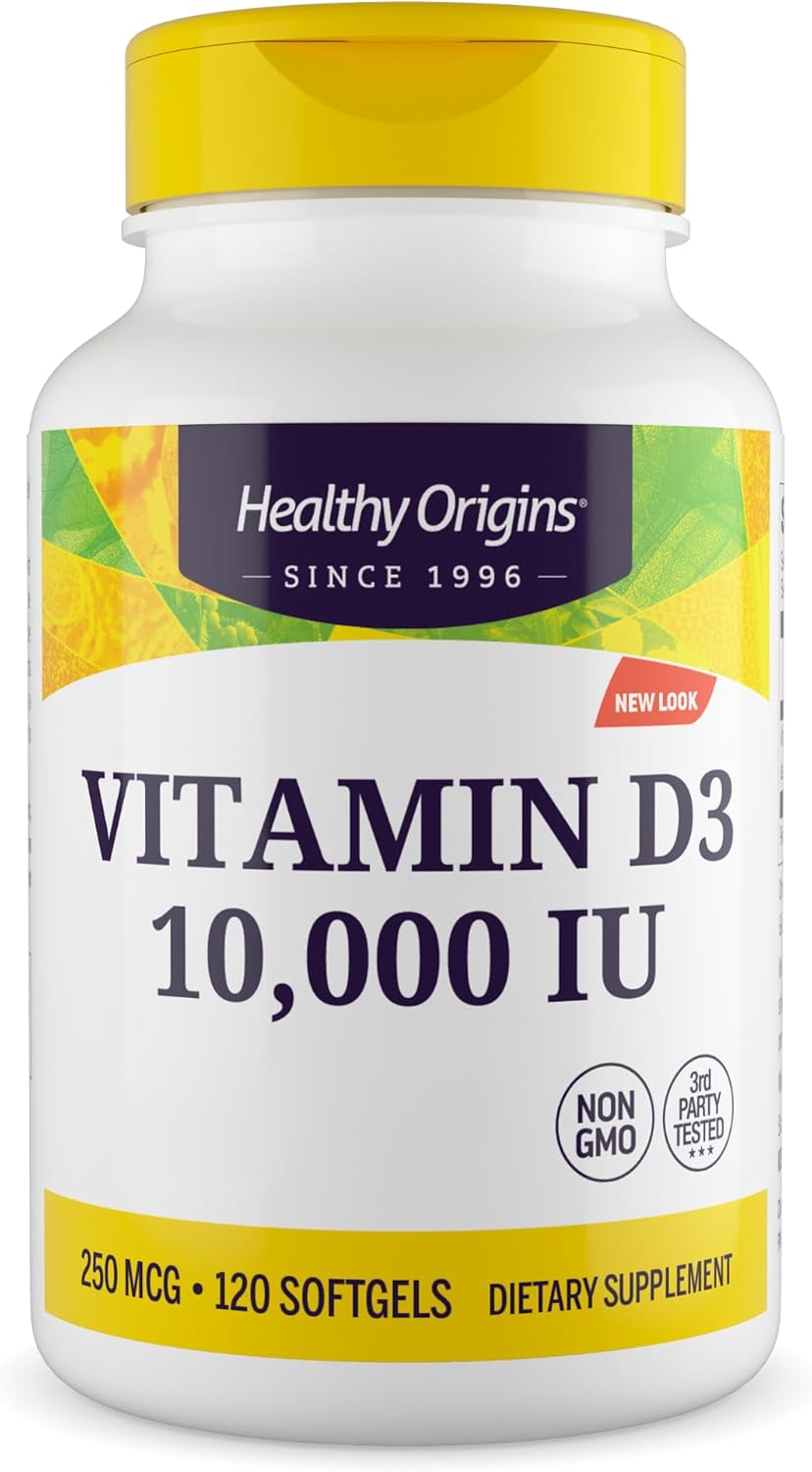Healthy Origins, Vitamin D3, Softgels Each with 10,000 IU, 120 Softgels, Gluten-Free, Soy-Free