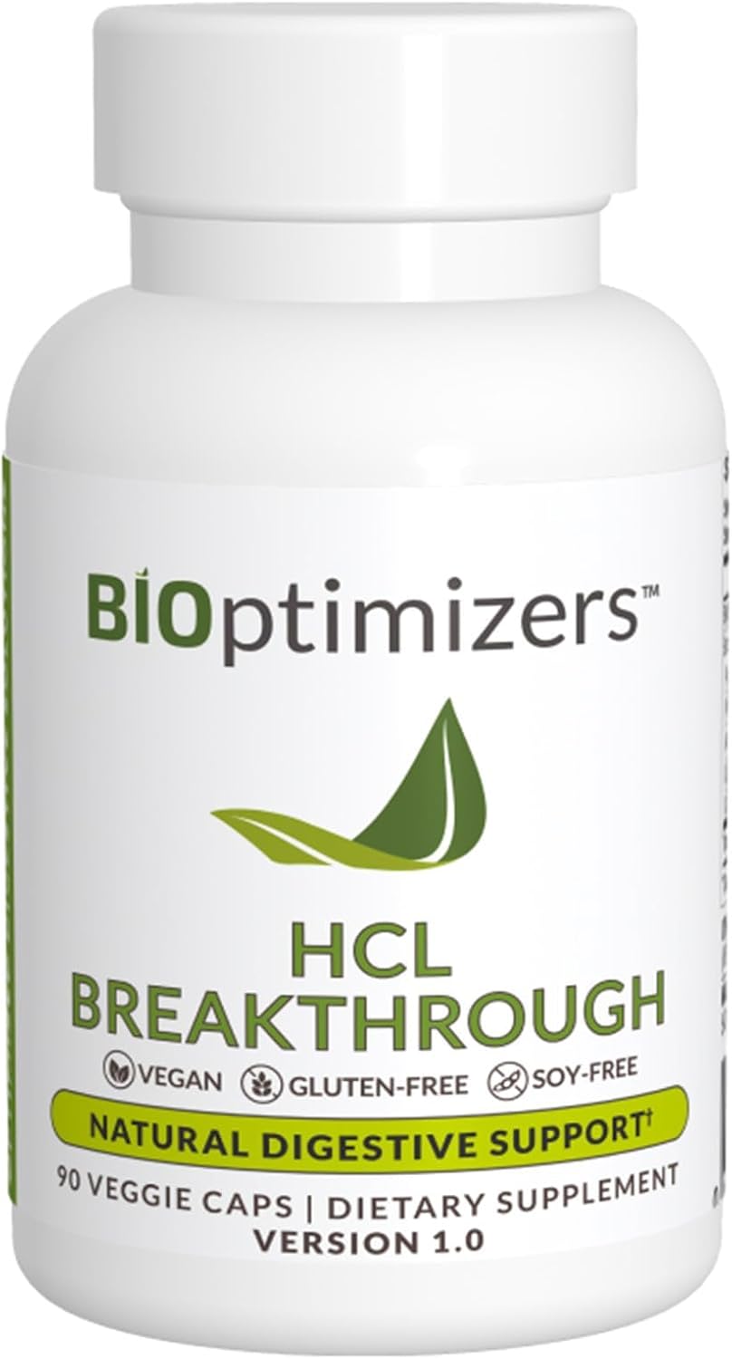 BIOptimizers HCL Breakthrough - Betaine Hydrochloride Enzymes Supplement - Assists with Protein Breakdown and Absorption - Helps Gas and Heartburn Relief - 90 Pepsin-Free Capsules
