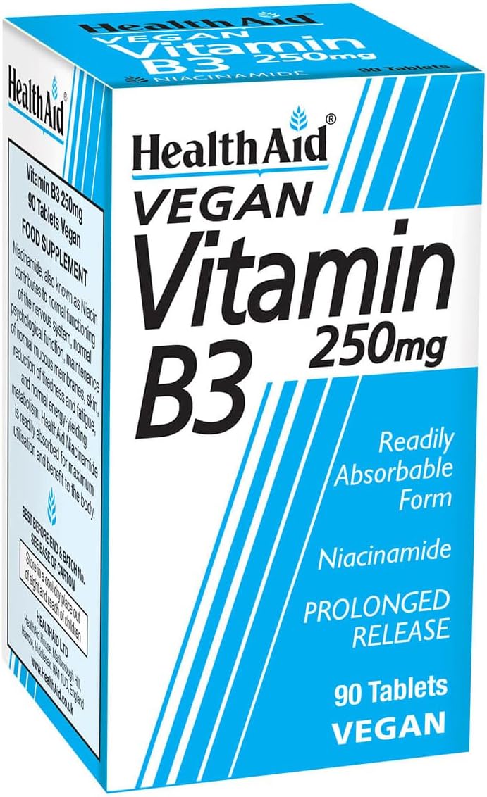 HealthAid Vitamin B3 250mg – Niacin as Niacinamide – Supports Energy-Yielding Metabolism, Reduction of Tiredness – 90 Tablets