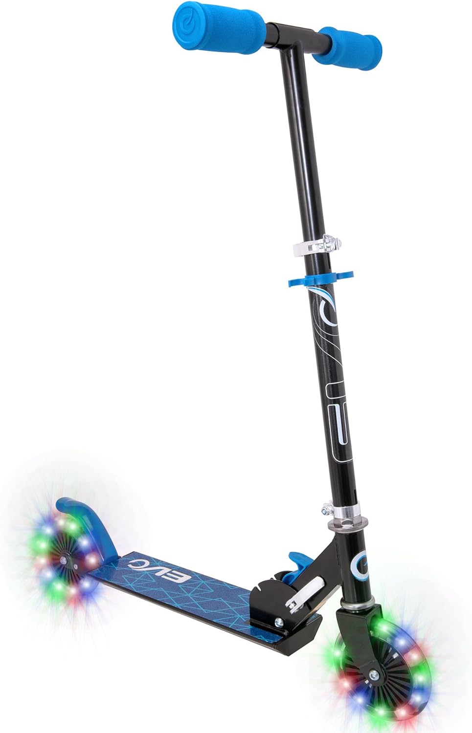 EVO Childrens Light Up Inline Scooter | Kids Push 2 Wheeled With Adjustable Handle Height | Easy Foldable Scooter For Boys And Girls| Kick Scooter For Kids Age 5-12