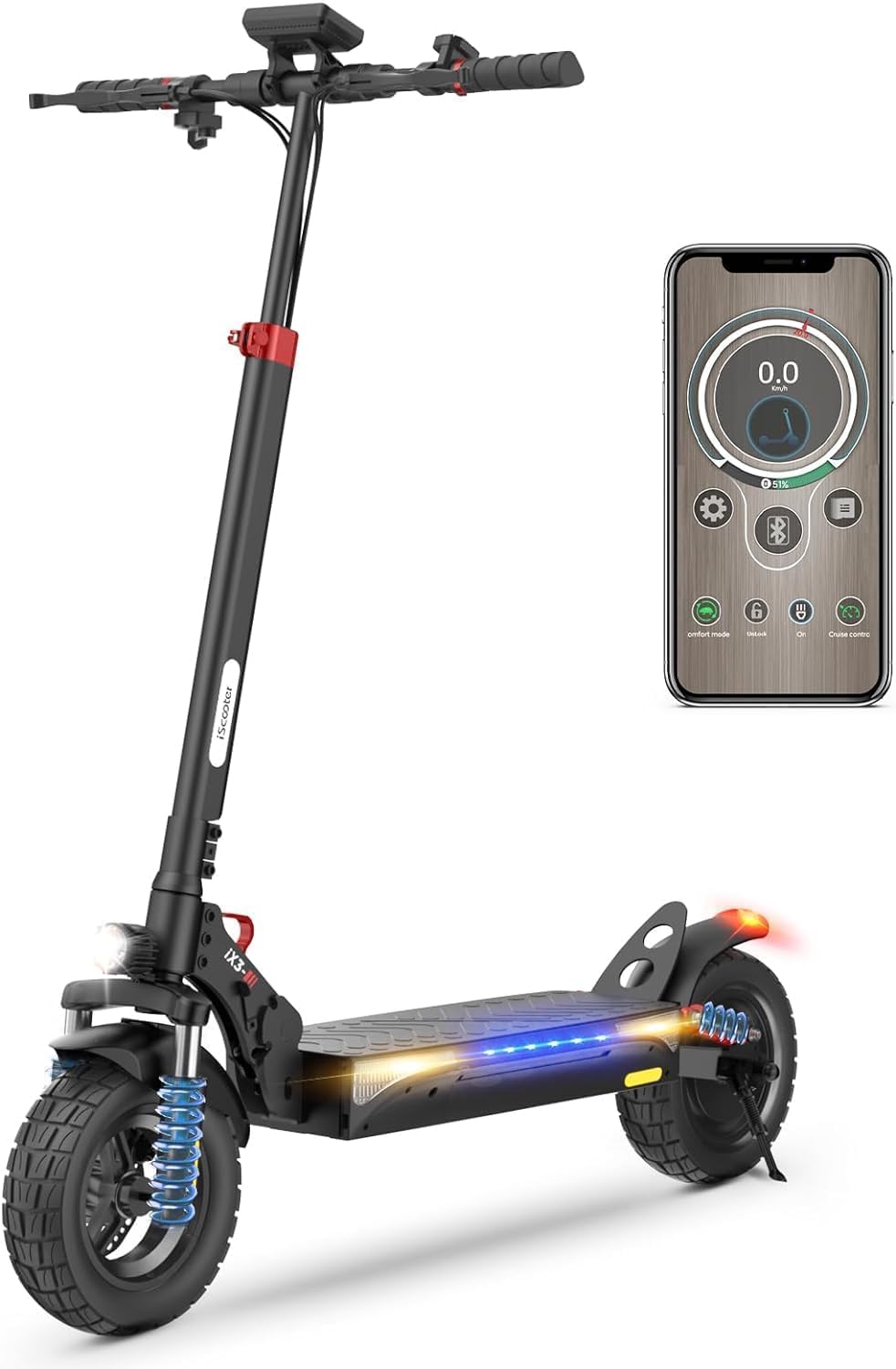 iScooter Electric Scooters Adult, iX3/iX4 Fast Electric Scooter 10" Off-road Tires with 4 Shock Absorbers Foldable E Scooter, 40-45km Range,3 Speed Modes,LCD Display,Dual Braking System