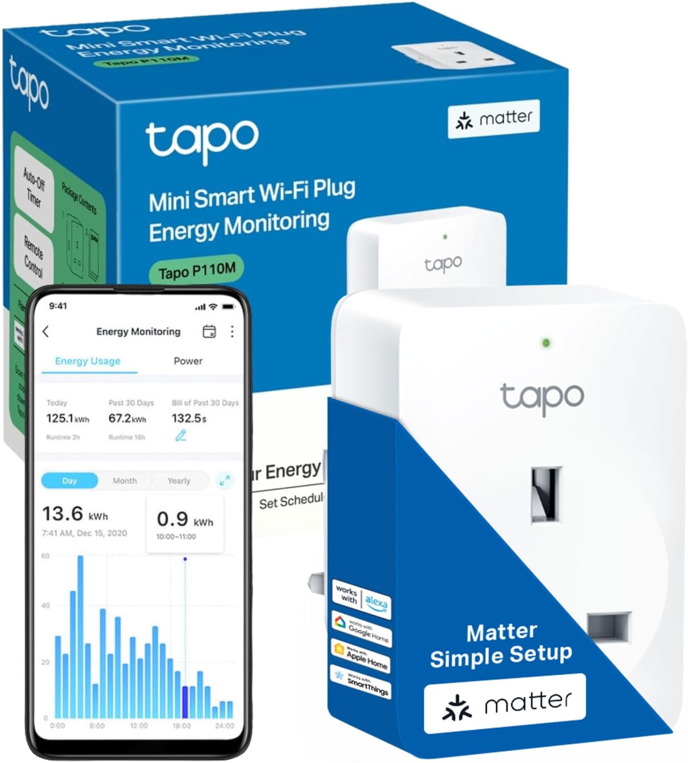 Tapo P110M Smart Plug, WiFi Plug, Energy Monitoring, Electricity Usage Monitor, MATTER Certified, App Remote Control, Voice Control, Alexa Plug, Works with Alexa & Google, Away Mode, Compact Design