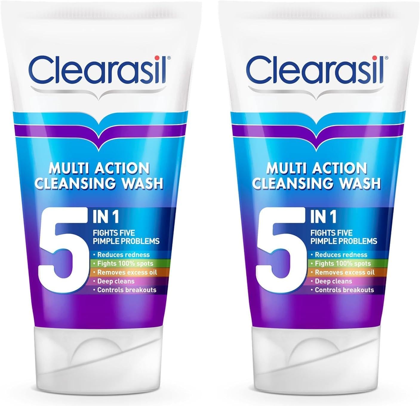 Clearasil 5-In-1 Face Wash 150ml Pack of 2 | Cleanser for Acne, Blackheads, Anti-Redness, Spot Treatment | Reduces Pimples, Clears Skin | Deep Cleanser for Blemish-Prone Oily Sensitive