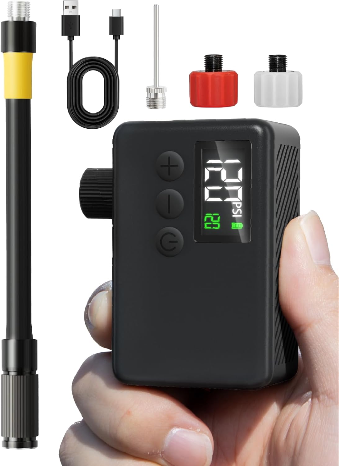 GPUTEK Mini Electric Bike Pump, 120 PSI Cordless Portable Bicycle Pump with Pressure Gauge, Auto-Off & LED Light, for E-Bike, Mountain Bike, City Bike, Road Bike with Presta & Schrader Valve