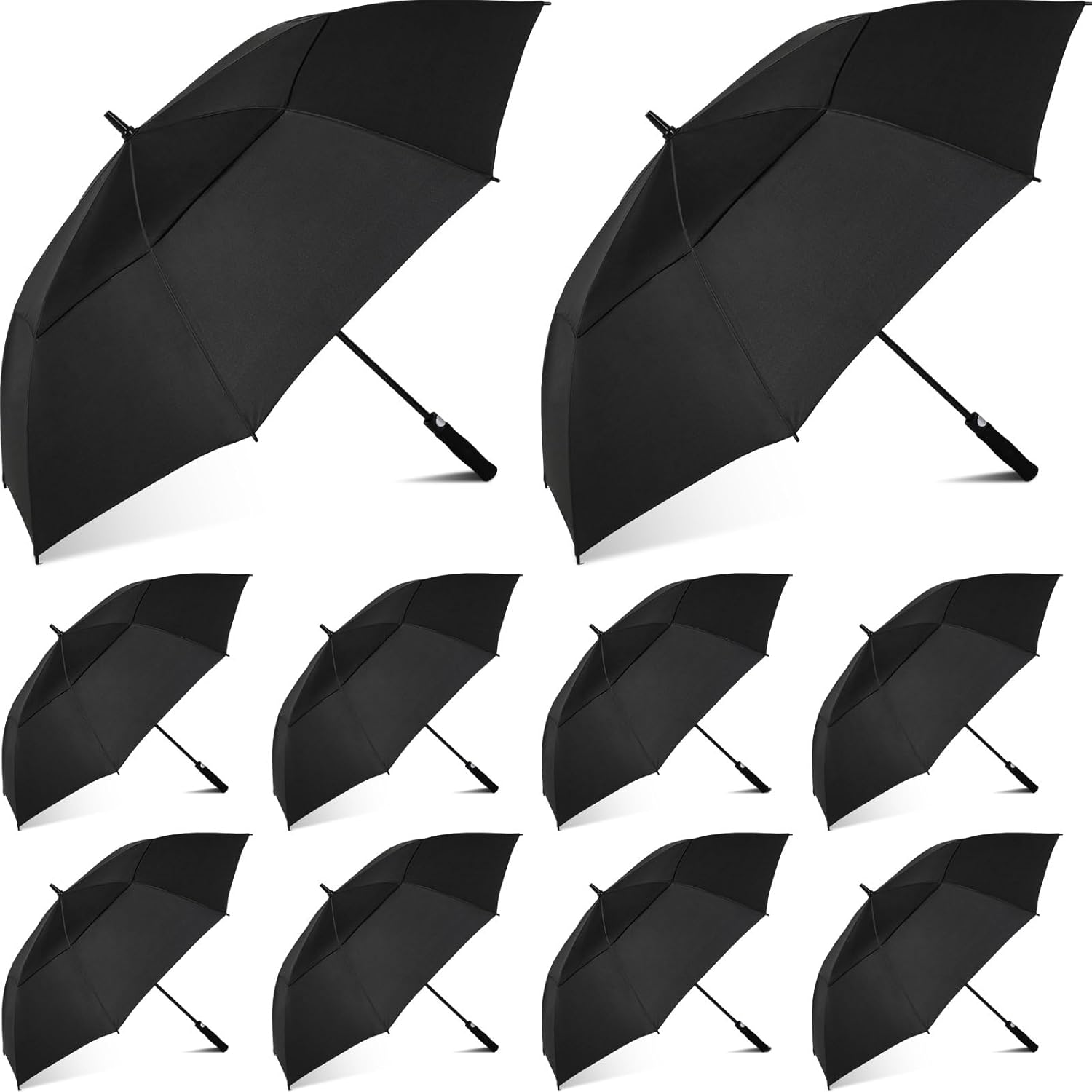 Jexine 10 Pcs Automatic Open Golf Umbrella 62 Inch Large Windproof Waterproof Double Canopy Rain Umbrella Heavy Duty Oversize Extra Vented Stick Umbrella for Men Women Family Travel Sports