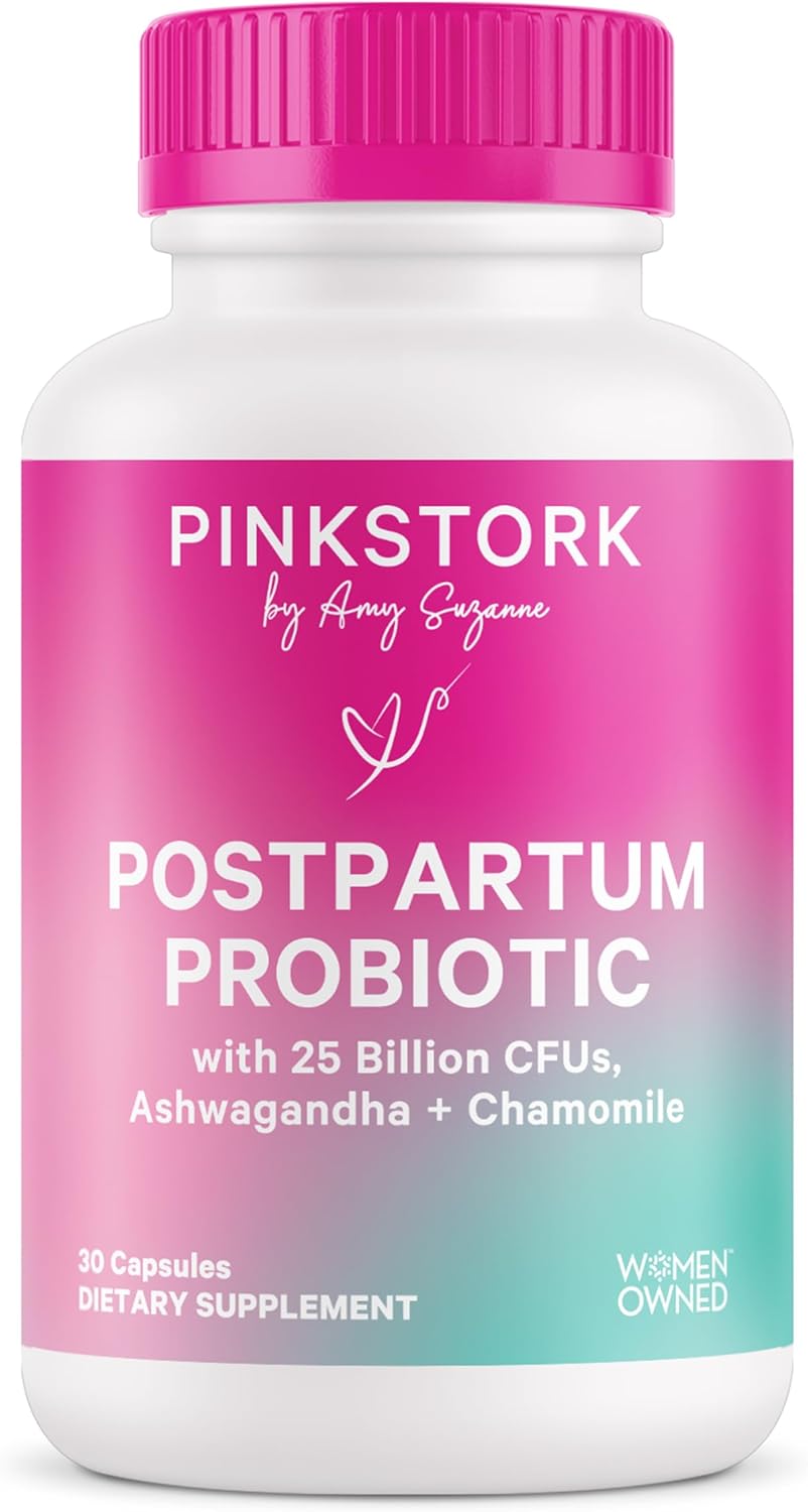 Pink Stork Probiotics for Postnatal Women - 30 Billion CFUS with Ashwagandha and Chamomile, Postpartum Essentials for Hormone Balance, Mood Support, Gut Health, Digestive Wellness, 30 Capsules
