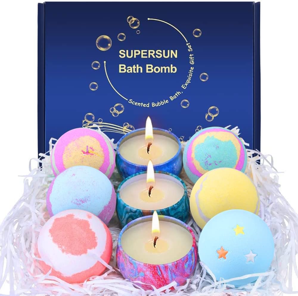 SUPERSUN 6 Bath Bombs Gift Set: 3 Scented Candles Sets, Perfect for Bubble and SPA, Best Gifts Ideas for Women Christmas Birthday Girls Her Valentines Day Mum Mothers Teenage Friends