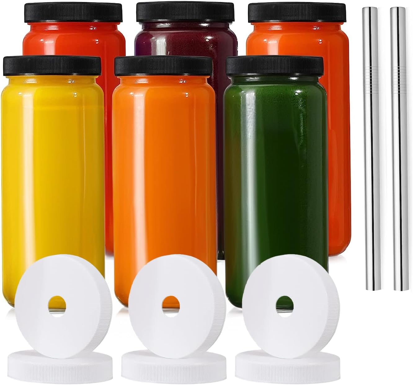 Glass Juice Bottles with lids, 6 Pack with 2 Straws & 6 Lids with Hole- 16 oz Travel Drinking Jars,Juicing bottles Reusable Glass Mason Jar for Juice,Bubble Tea, Smoothie, Tea, Kombucha