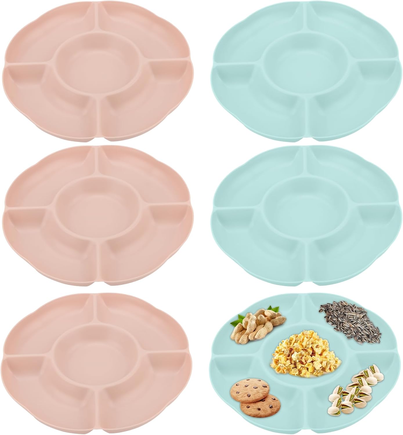 MOUYAT 6 Pack Compartment Trays, Reusable Plastic Serving Platters for Parties, 5 Sectional Round Snack Tray for Appetizers, Nuts, Fruits, Dessert, 24.5cm