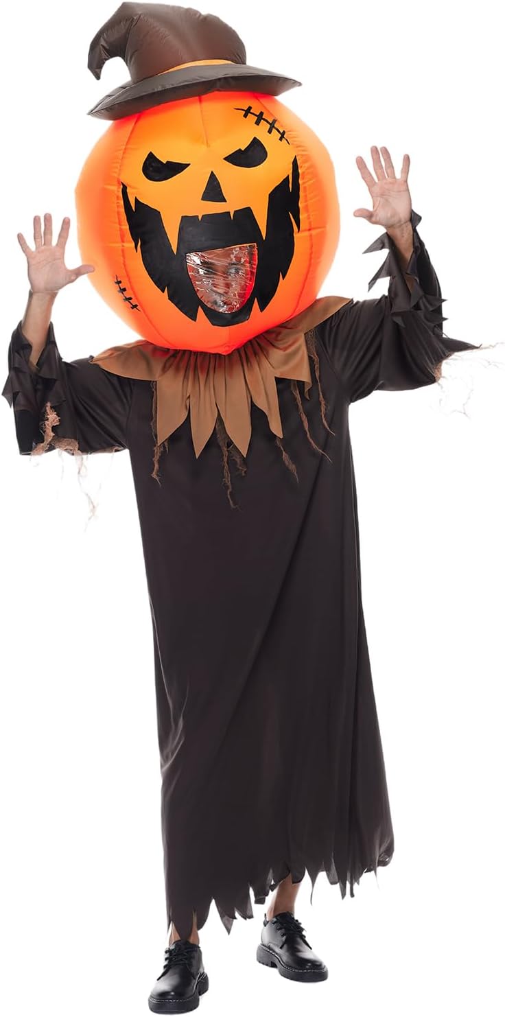 EraSpooky Adult Inflatable Pumpkin Costume Blow Up Halloween Scary Evil Pumpkin Head Wizard Suit Robe Set