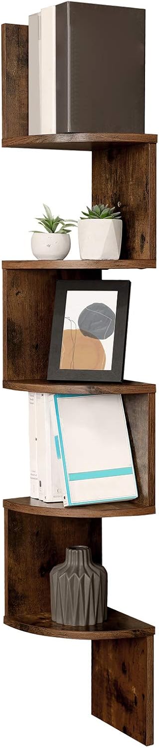 VASAGLE LBC20BX Corner Shelf, Wall Shelf, 5 Tiers, Zigzag Floating Shelf, Bookcase for Kitchen, Bedroom, Living Room, Office, Rustic Brown