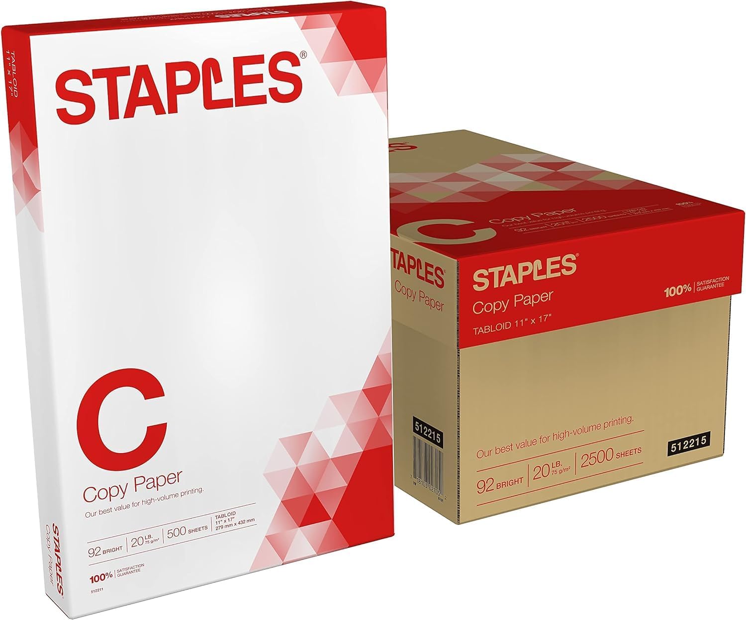 Staples Copy Paper, 11" x 17", 92 Brightness, 20 lbs., Ledger Size Paper (500 Sheets/Ream, 5 Reams/Carton)