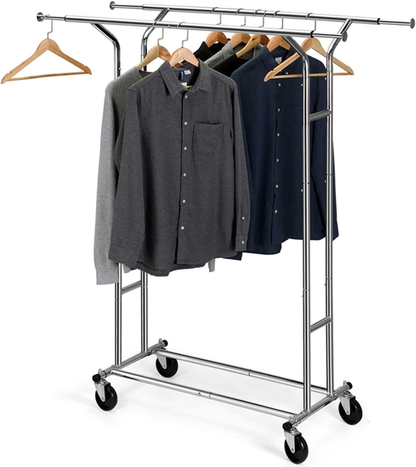 Auledio Clothes Garment Rack, Commercial Grade Clothes Rolling Heavy Duty Storage Organizer on Wheels with Adjustable Clothing Rack, Holds up to 250 lbs, Chrome (Two Heads)
