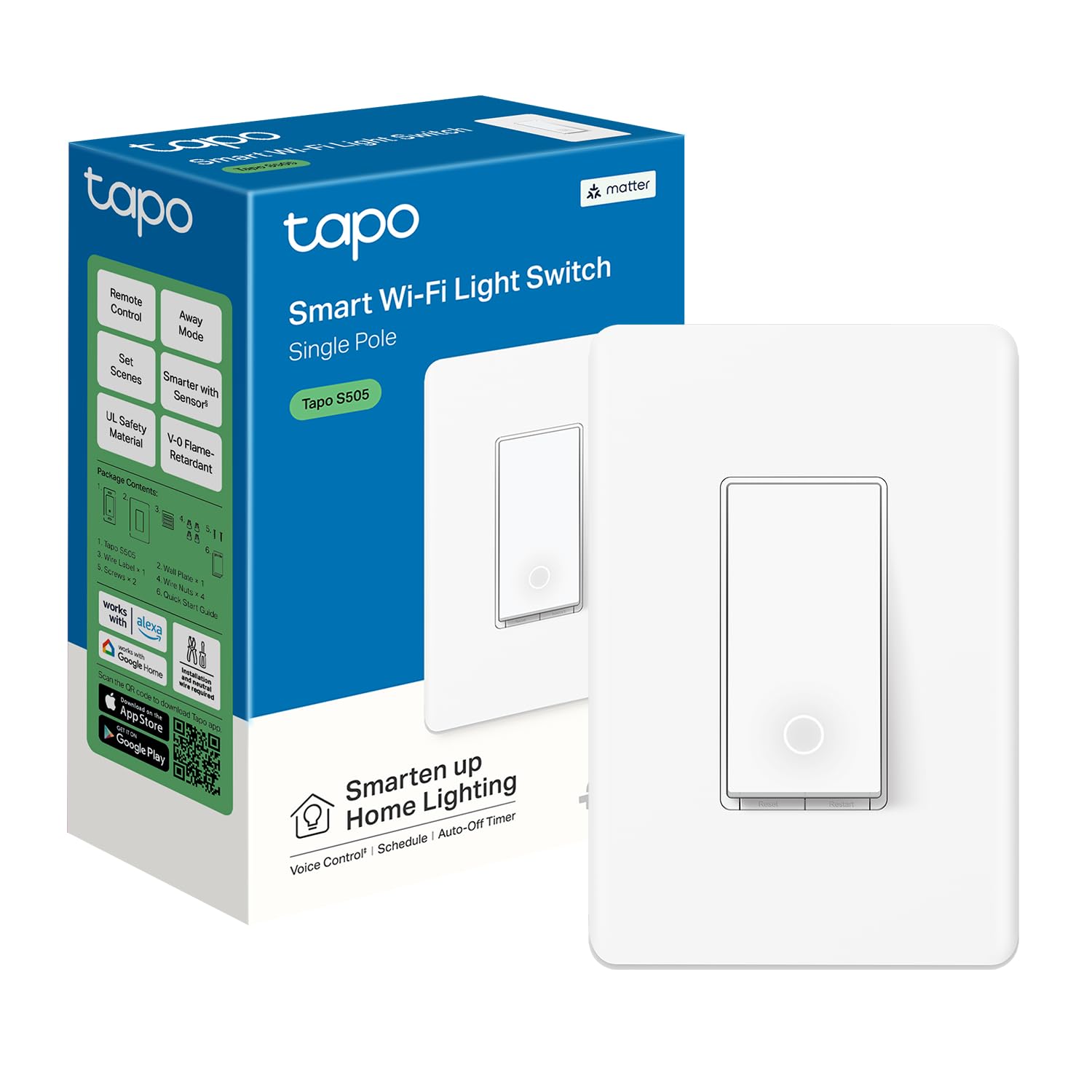 TP-Link Tapo Matter Smart Light Switch: Voice Control w/Siri, Alexa & Google Assistant | UL Certified | Timer & Schedule | Easy Guided Install | Neutral Wire Required | Single Pole | Tapo S505