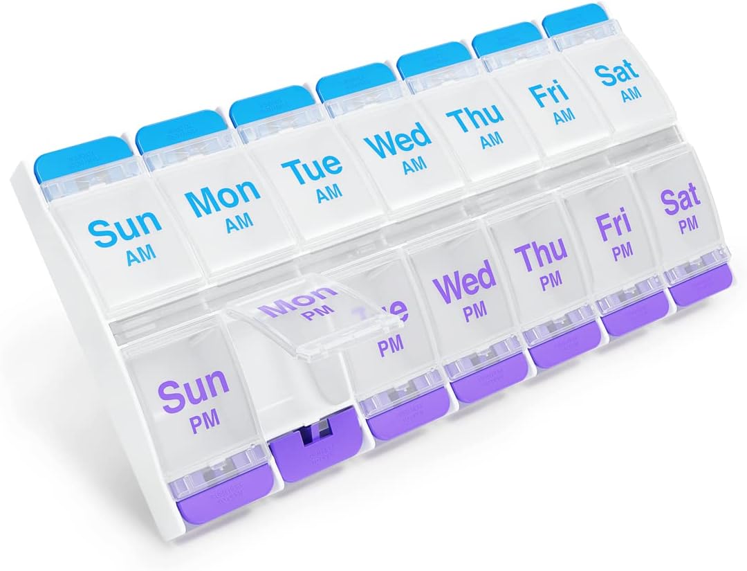 EZY DOSE Push Button (7-Day) Pill Case, Medicine Planner, Daily Vitamin Organizer, 2 Times a Day AM/PM, X-Large Compartments, Arthritis Friendly, Easy to use, Clear Lids, Purple and Blue, BPA Free