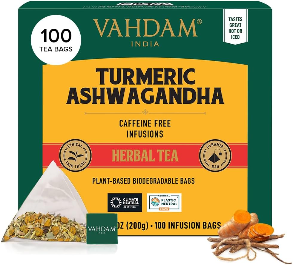 VAHDAM, Turmeric Ashwagandha Herbal Tea Bags (100 Count) Caffeine Free, Non GMO, Gluten Free | 100% Pure Herbal Blend - Sweet & Earthy | Whole Loose-Leaf Tea Bags | Resealable Ziplock Pouch