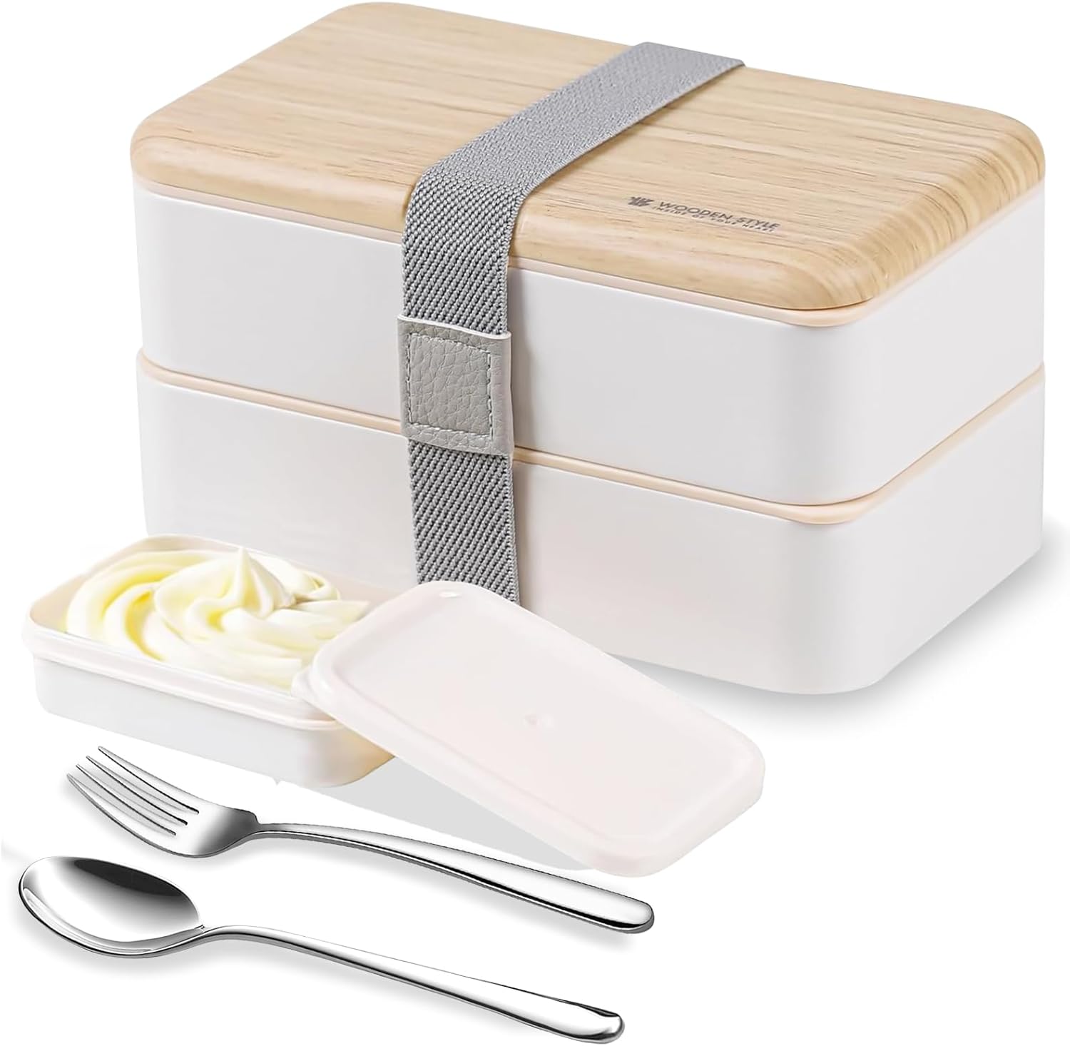 Original Bento Box Lunch Boxes Container Bundle Divider Japanese Style with Stainless Steel Utensils Spoon and Fork (White)