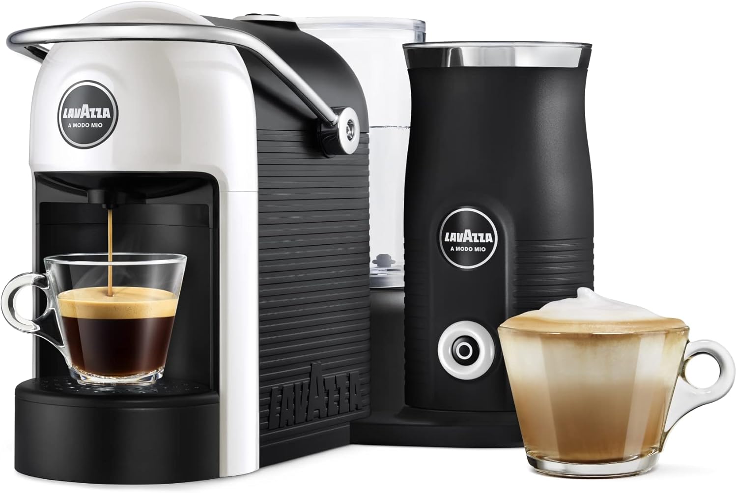 Lavazza, A Modo Mio Jolie & Milk EVO Coffee Machine Made from 33% Recycled Plastic, with Integrated Milk Frother and Removable Grid, Compatible with A Modo Mio Pods, 1250 W, 220–240 V, 50–60 Hz, White