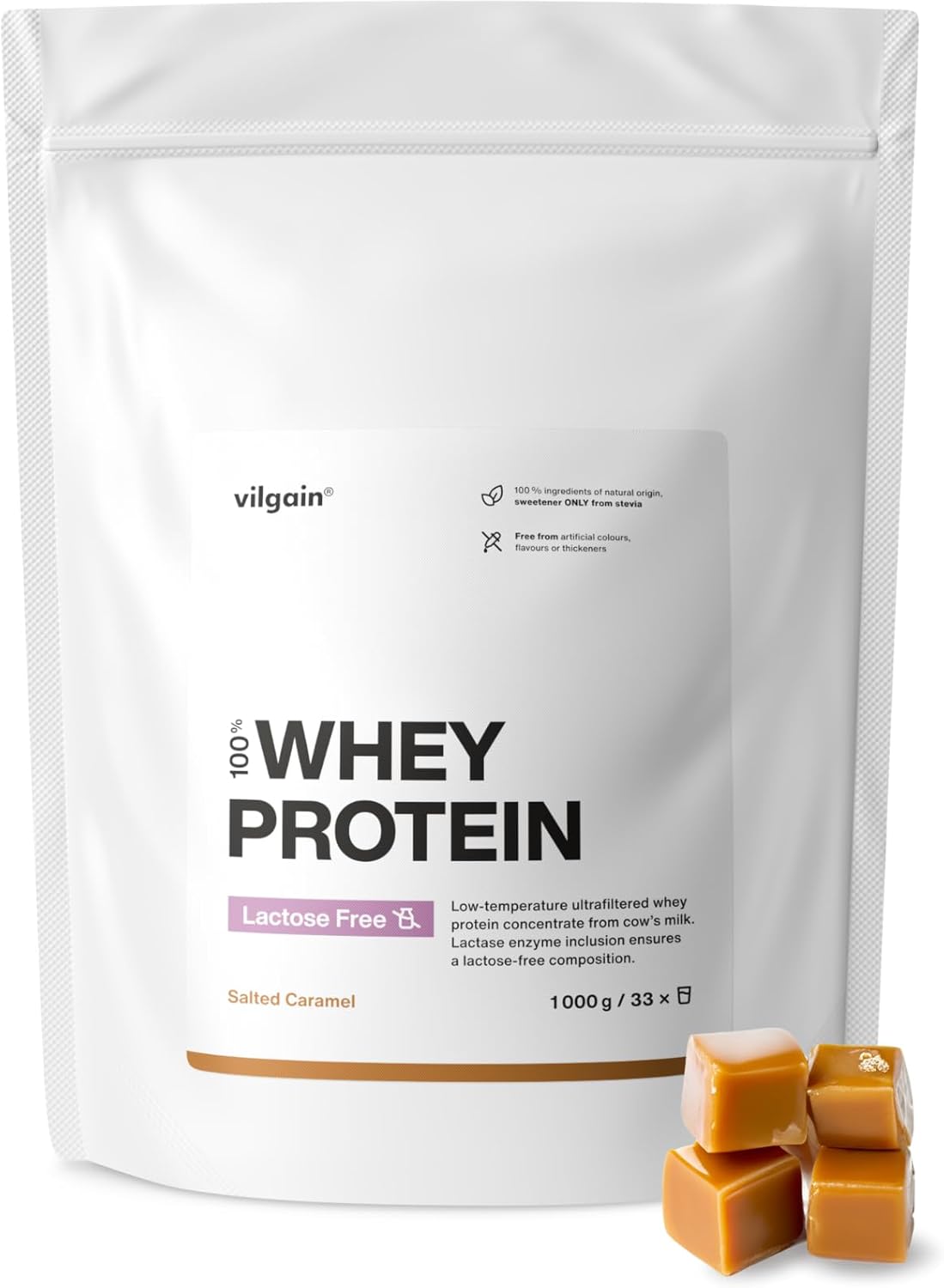Vilgain Lactose Free Whey Protein - 1000 g - 75% Protein, Lactose Free, sweetened with stevia, Ultra-Filtered at Low temperatures (1000g, Salted Caramel)