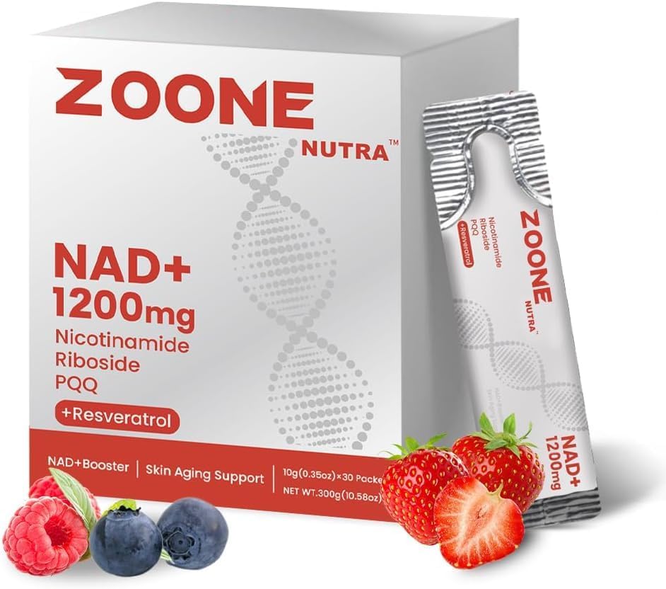 Zoone NAD Supplement 1200mg Synergistic Blend with Nicotinamide Riboside, PQQ & Resveratrol - Premium Anti-Aging Supplement for Cellular Energy, Mental Clarity and Longevity (30 Packets)