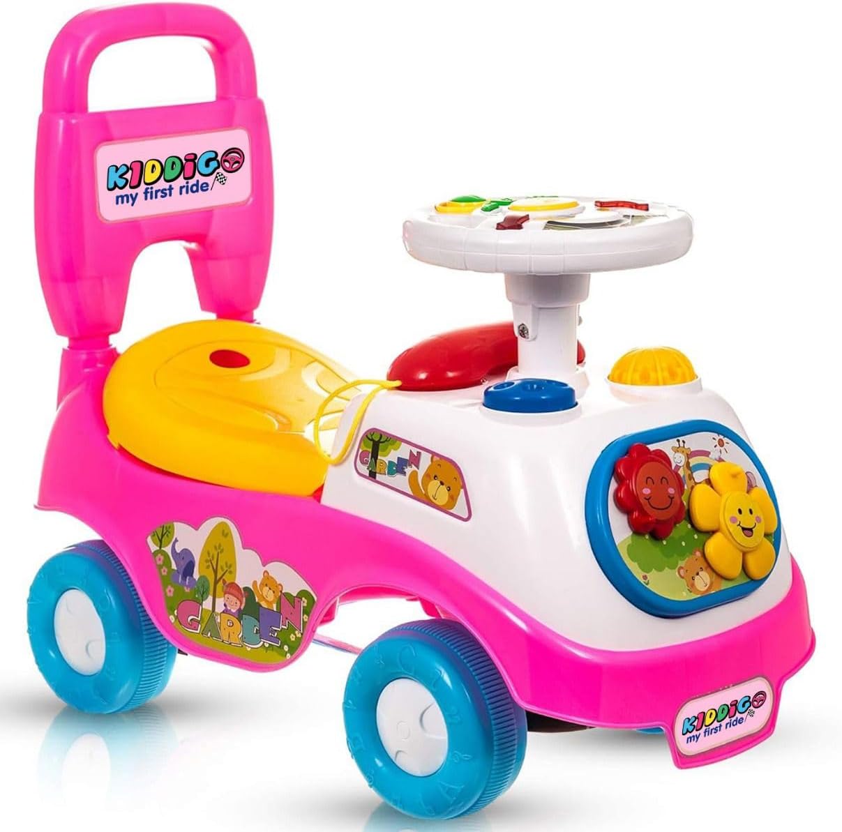 Kids First Ride On Cars Girls Boys Push Along Musical Car Infant Walker Buggy Car Toy Colourful First Steps Toddler Trike with Storage Box (Pink)