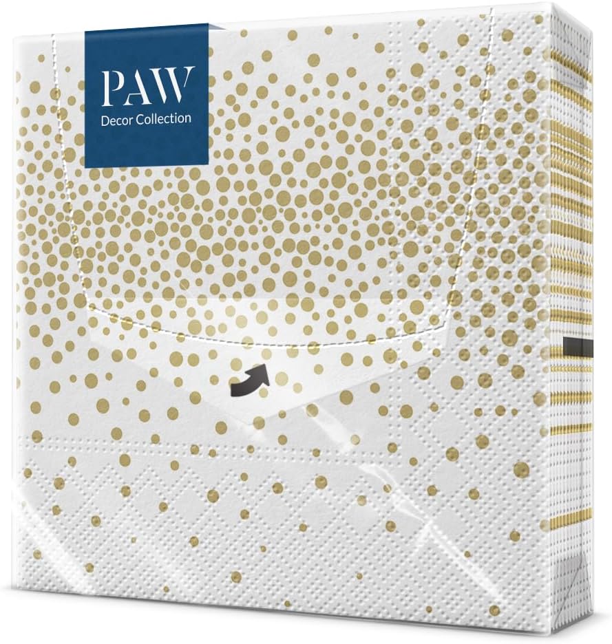 PAW - Napkins 3-Ply (33 x 33 cm) I 20 Pieces I Perfect for Birthdays, Parties, Weddings, Communion and Celebrations I Paper Napkins Colorful - Classic, Elegance, dots, Gold i Confetti