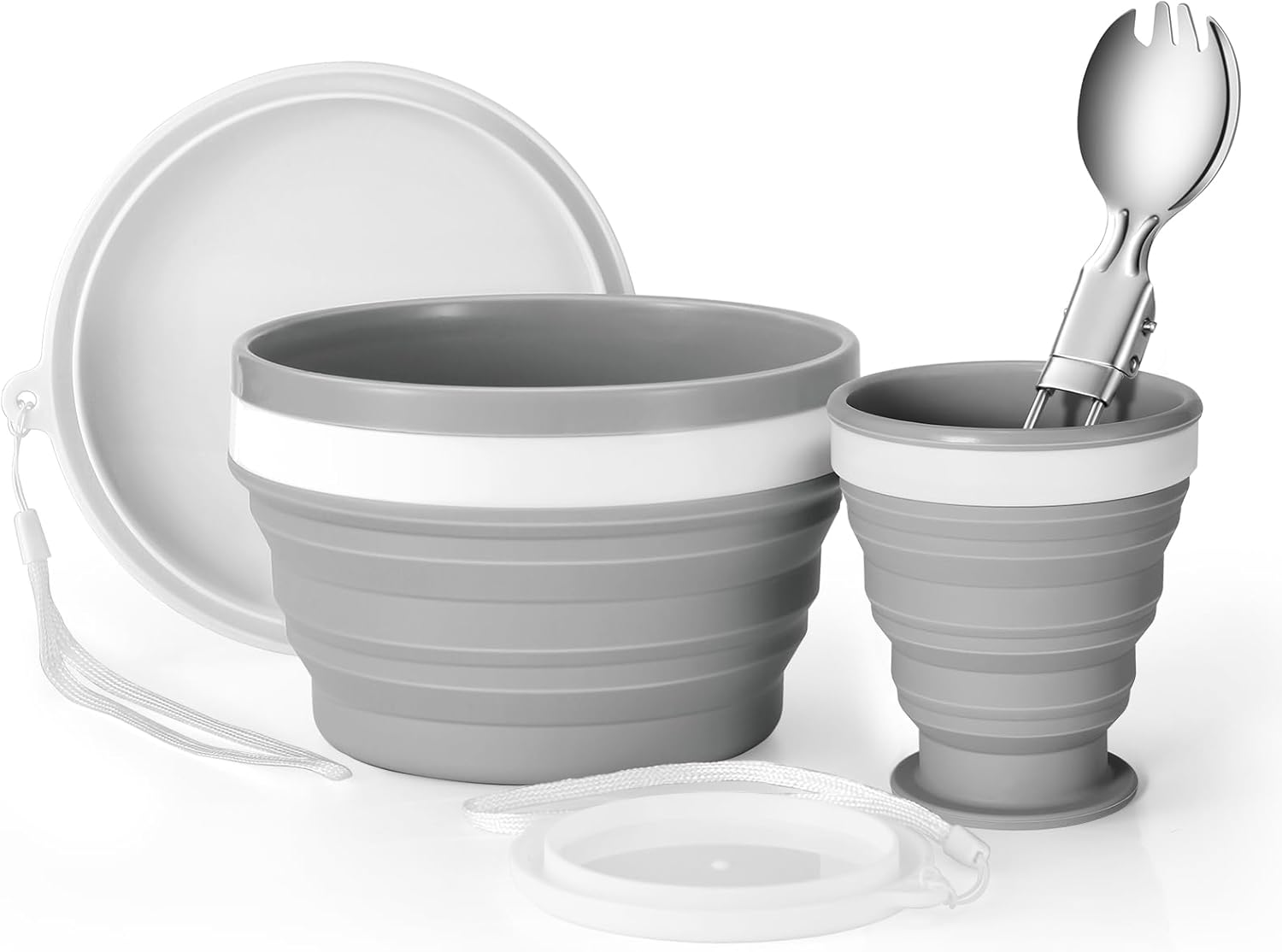 Odoland Camping Collapsible Silicone Cup and Bowl Set, Portable Mess Kit with Stainless Steel Spork and Lid for 1 Person Backpacking, Family Cookware, Hiking, Picnic, Travel
