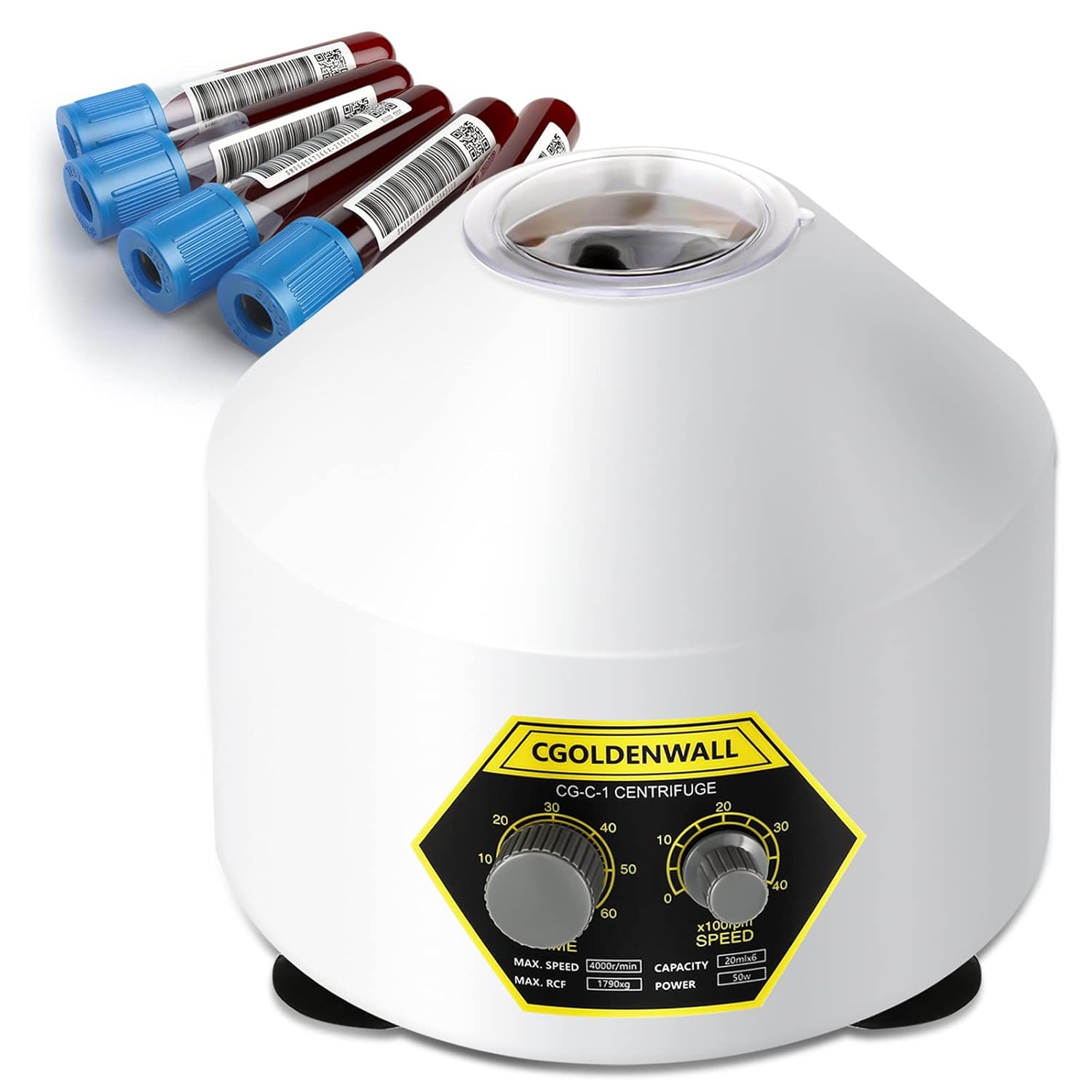 CGOLDENWALL Lab Centrifuge 6*20ml with Transparent Lid, 4000rpm Speed, 60min Timer, 1790xg RCF for Separation of Samples& Qualitative Analysis 5/7/10ml Vacutainer & 10/15ml Centrifuge Tubes Available