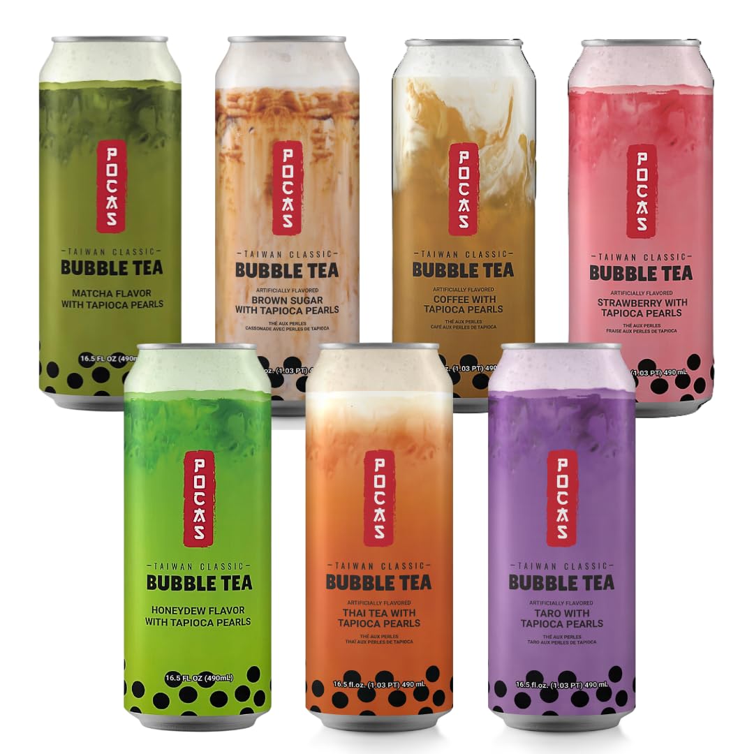Pocas Bubble Tea with Tapioca Pearls, (Pack of 7, Variety, 16.5 oz), Asian Drinks, Refreshing Milk Tea with Boba Pearls (Variety)