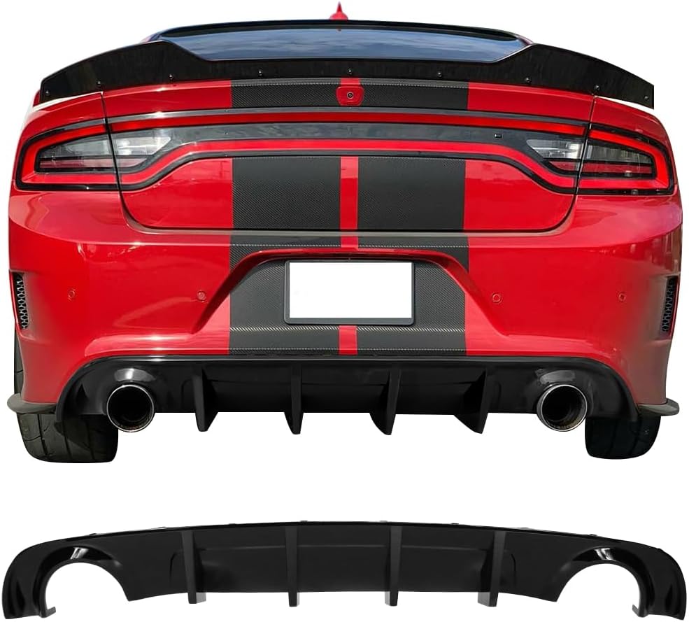 IKON MOTORSPORTS, Rear Bumper Diffuser Compatible with 2015-2023 Dodge Charger Base & SXT, Rear Bumper Lip Diffuser Splitter Gloss Black PP