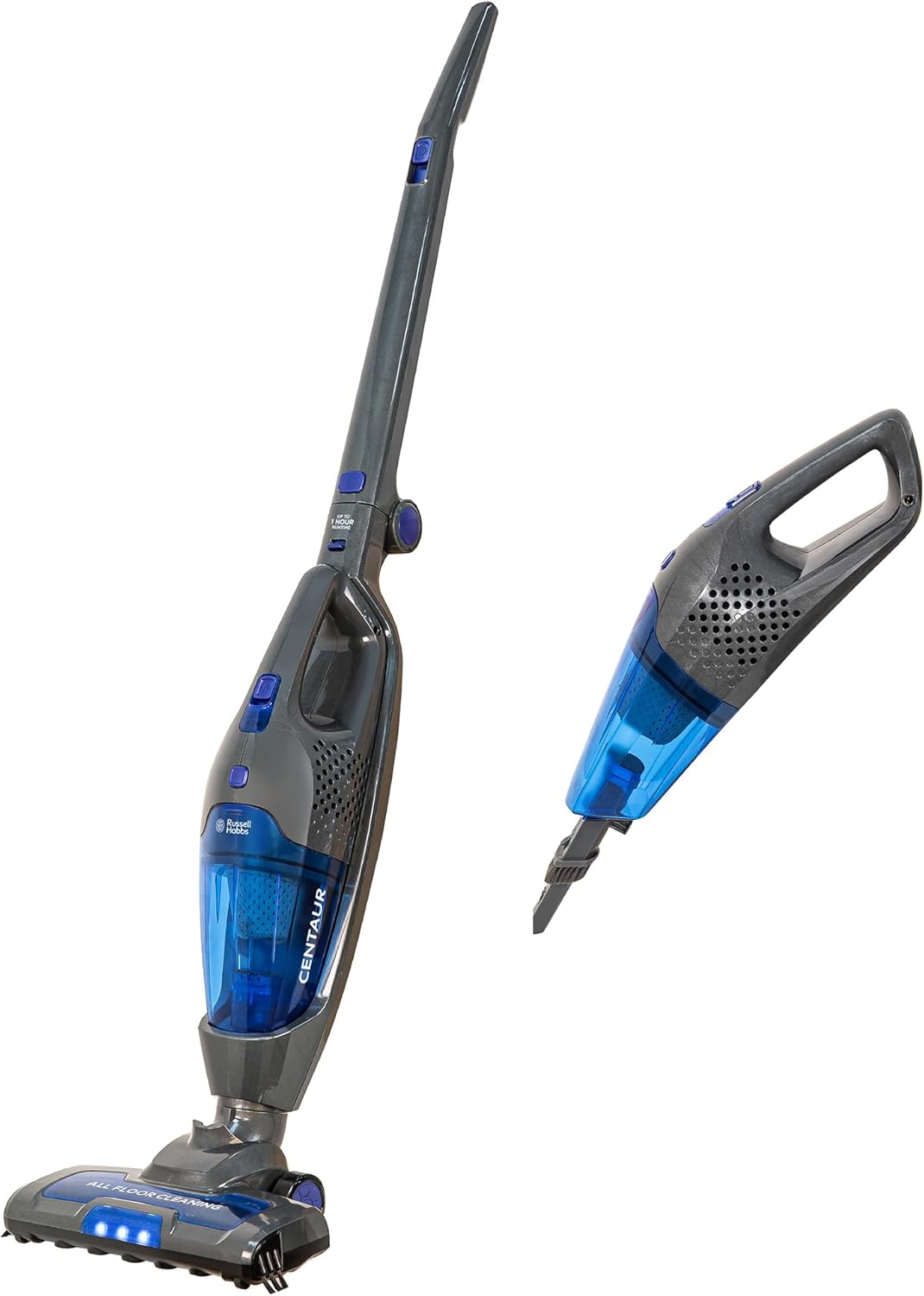 Russell Hobbs Cordless Upright Stick Vacuum Cleaner Bagless 2 in 1 Grey and Blue 600W 2 Speed Settings 60 min Run Time, for Carpets & Hard Floors with Crevice & Brush Tool, 2 Year Guarantee RHSV2211