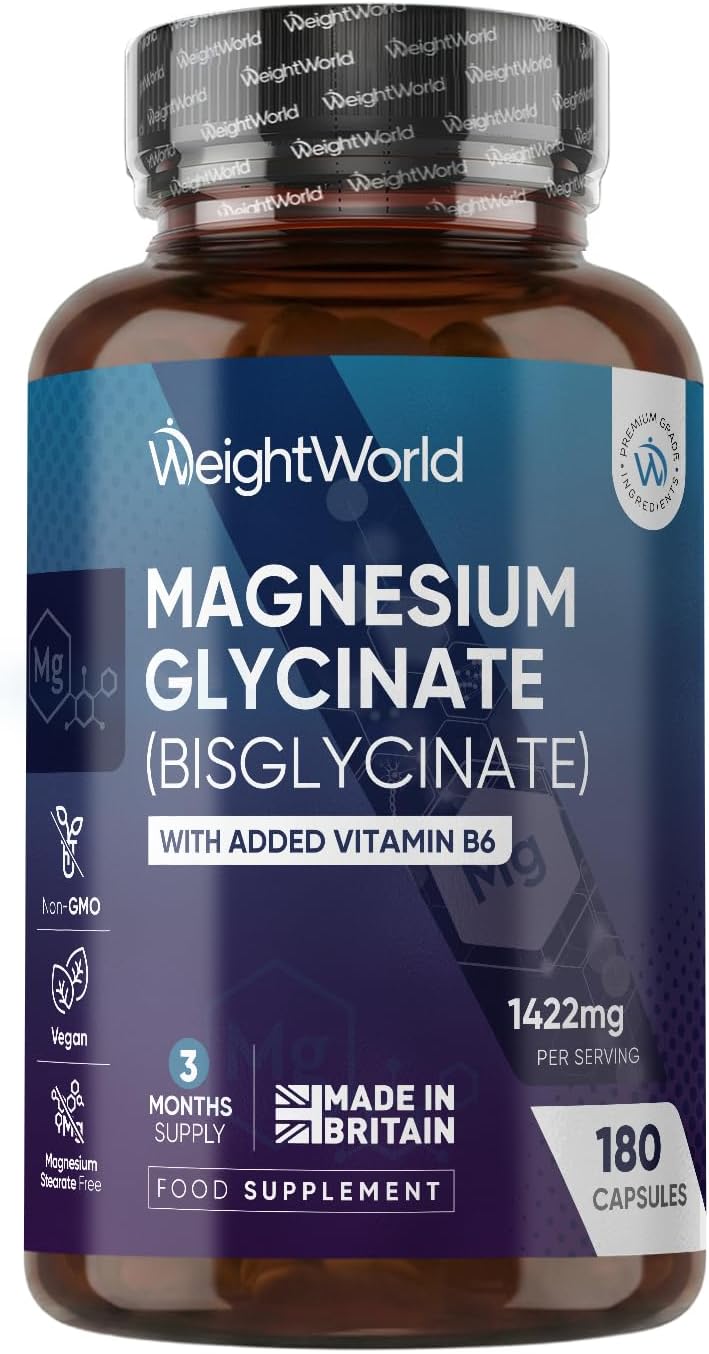 Magnesium Glycinate 1422mg - with Vitamin B6-180 Vegan Capsules - 3 Months Supply - Gentle & Stable Form - No Additives & No Added Sugar - Magnesium Supplements for Men & Women - Made in the UK