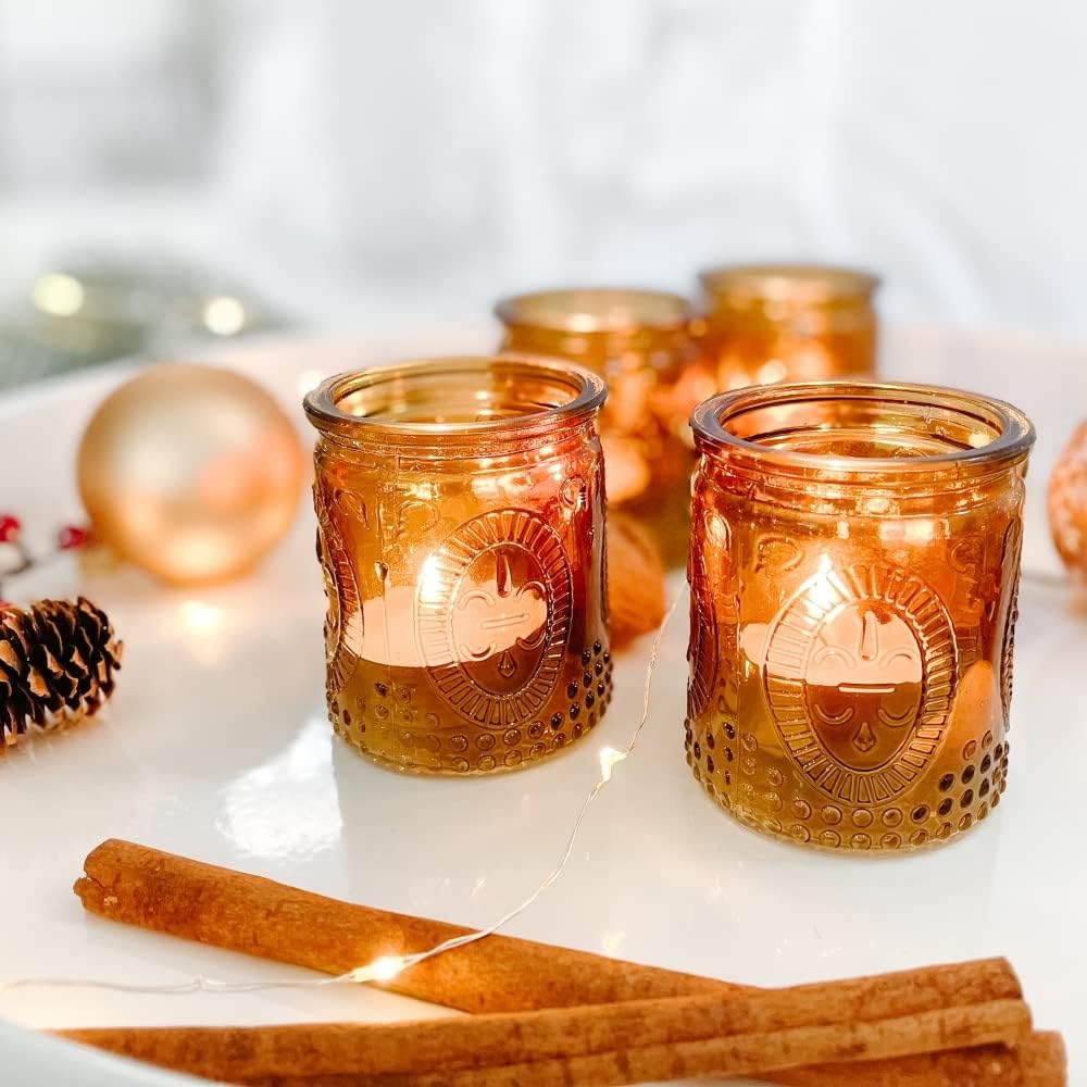 Kate Aspen Vintage Amber Glass Tea Light Candle Holders Set of 4 - Votive Holders for Home Decor, Fall Table Decorations, Bathroom Candles, Kitchen Shelf Decor, and Wedding Centerpieces