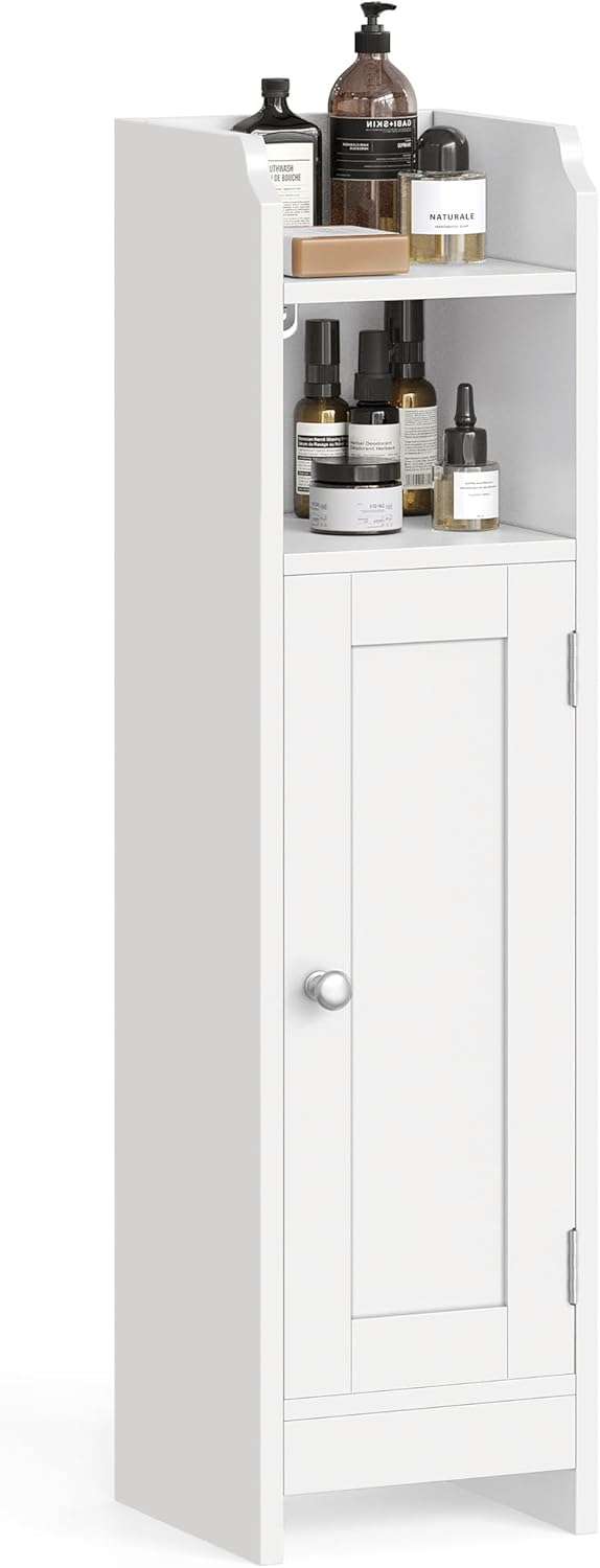 VASAGLE Slim Bathroom Floor Storage Cabinet with Door and Shelves, Freestanding Bathroom Storage Unit, Narrow Bathroom Toilet Paper Storage Cabinet, Adjustable Shelves, White BBC310W01