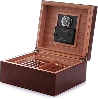 BESTISAN Cigar Humidor, Handcrafted Real Solid Spanish Cedar Wood Tray and Divider, Elegant Leather Cigar Storage Box with Glass Hygrometer and Rectangle Humidifier, Holds 50-100 Cigars, Men's Gift