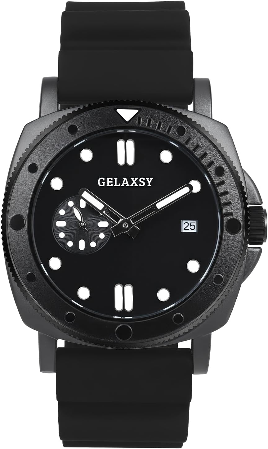 GELAXSY Mens 44mm Quartz Watch with Analogue Display Date Window and Rubber Strap Water Resistant Wrist Watch for Men