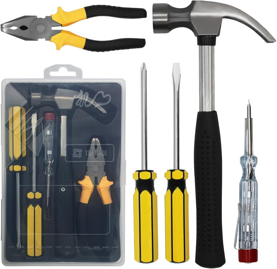 WAIZHIUA 5Pcs Home Tool Kit, Essential Household Hand Tools Home and Office Tool Kit Set with Hammer Pliers Screwdriver Voltage Tester for DIY Repair Maintenance