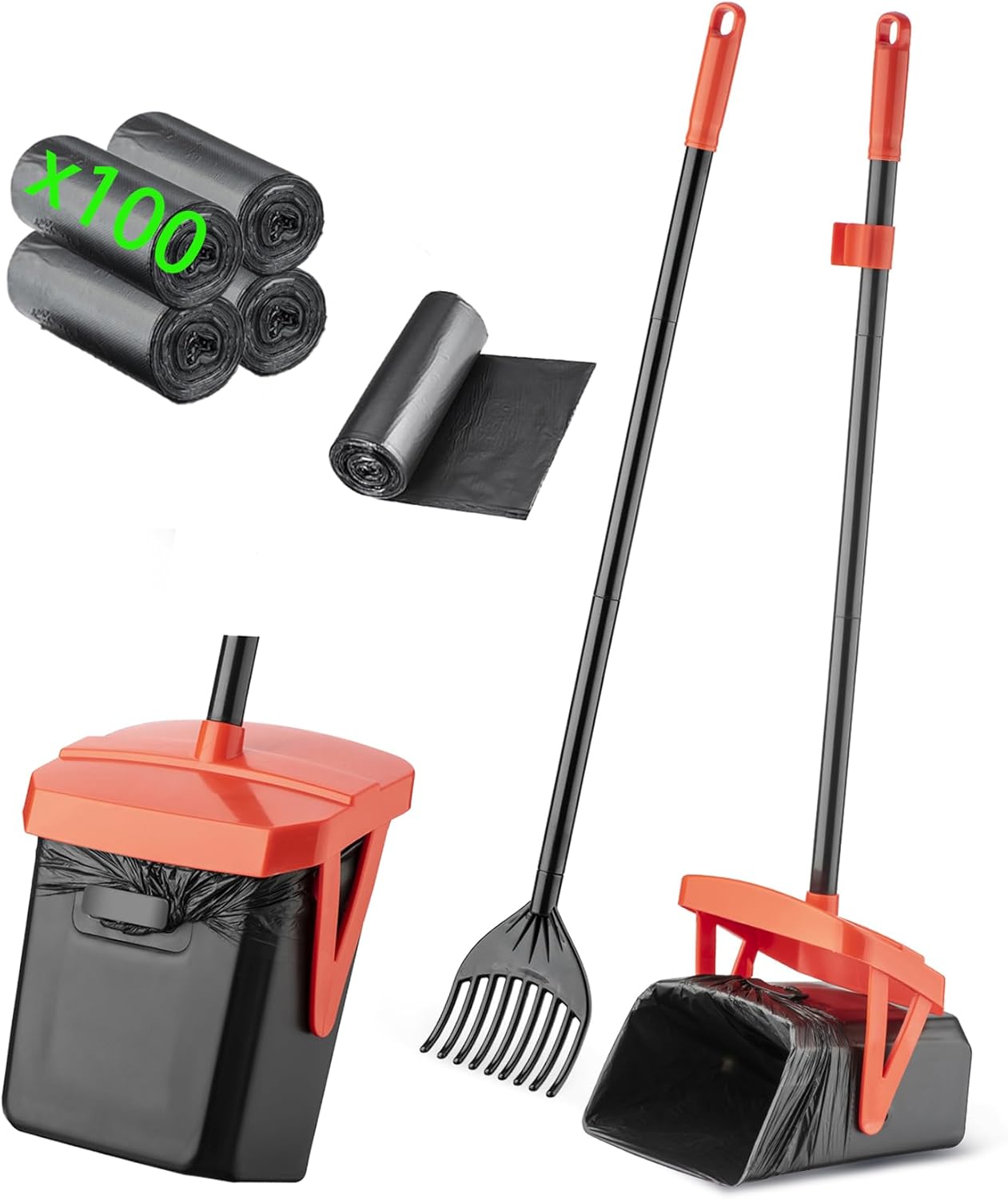 TIMINGILA 36" Pooper Scooper Swivel Bin & Rake with 100 Dog Poop Bags,Adjustable Long Handle for No-Bend Cleanup,Portable Non-Breakable Dog Poop Scooper for Large Medium Small Dogs