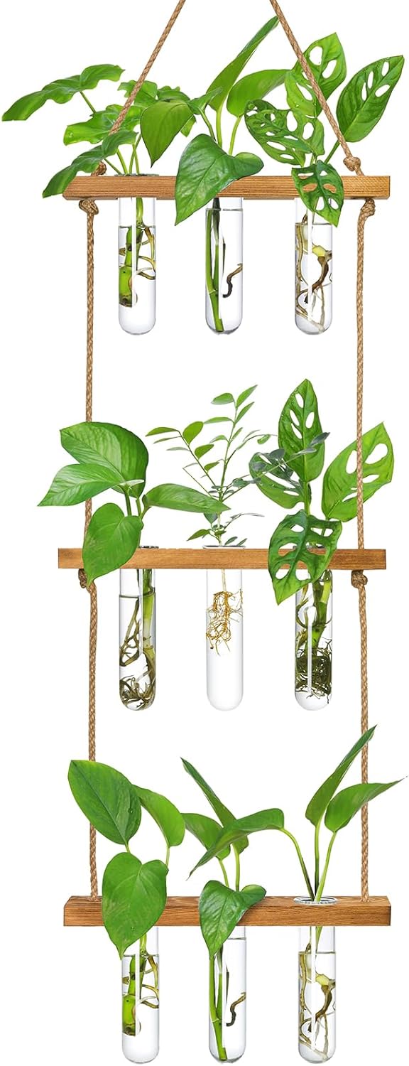 XXXFLOWER Wall Hanging Propagation Station with 3 Tiered Wooden Stand 9 Test Tubes Plant Propagation Kit for Hydroponic Plants Cuttings Test Tube Plant Holder Flower Vase Perfect Plant Lover Gifts