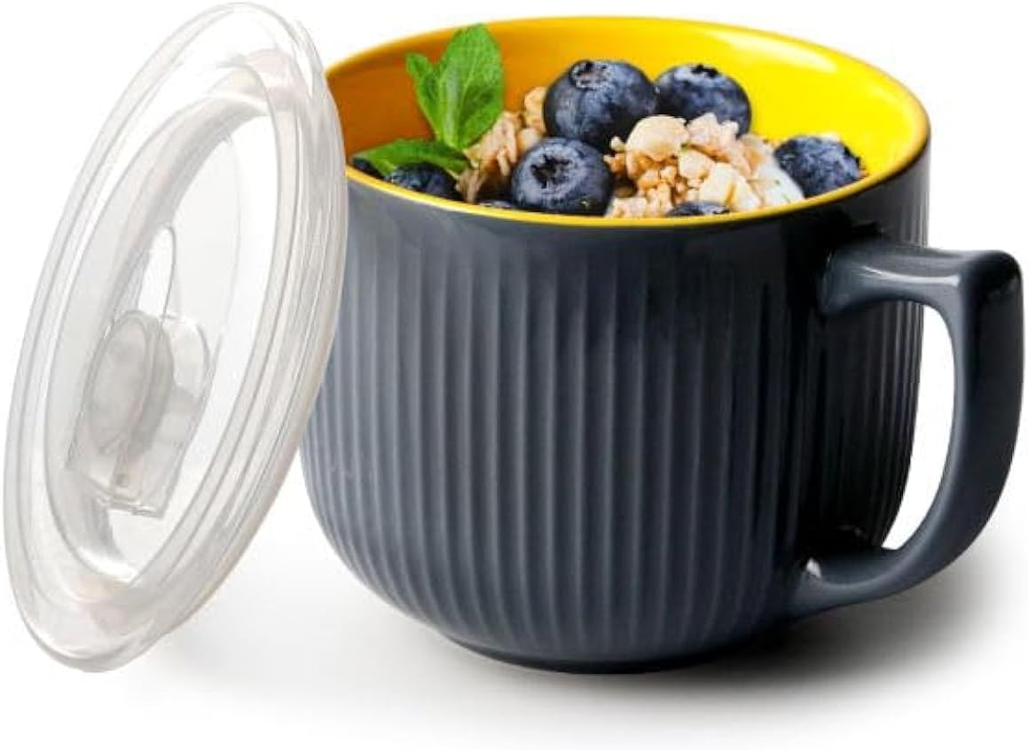 NUTRIUPS Soup Bowls with Handles, 900ml Microwave Soup Bowl with Lid, Soup Mug with Handles, Bowl for Ramen, Noodle, Porridge (Grey)