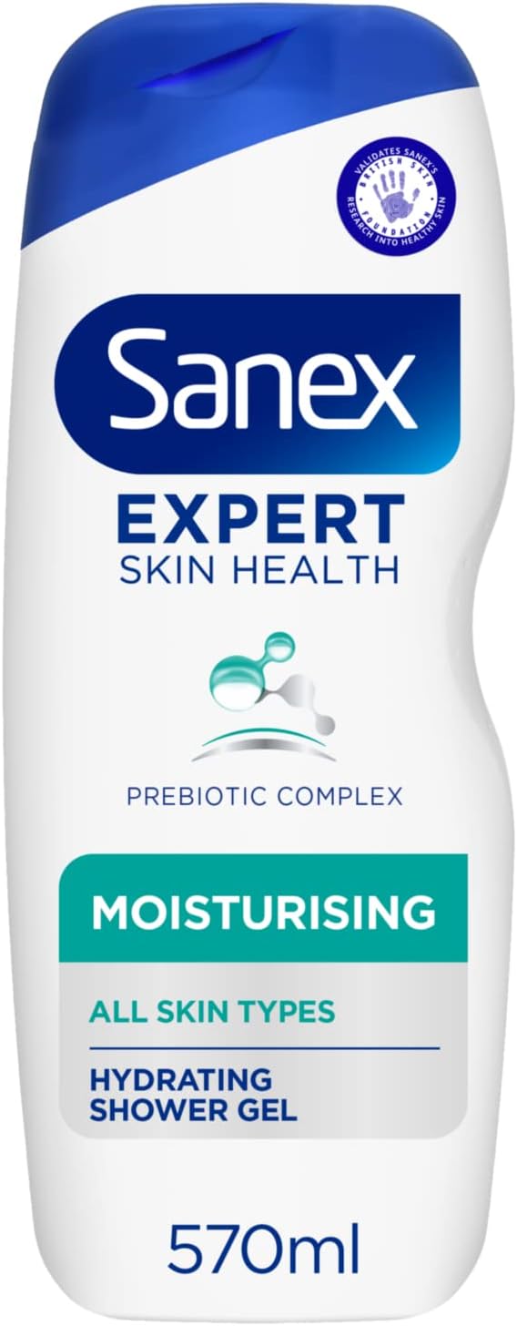 Sanex Expert Skin Health Moisturising Shower gel 570ml - body wash for men & women - gently cleanses - hydrates & softens skin - 12h hydration - advanced prebiotic complex formula - vegan