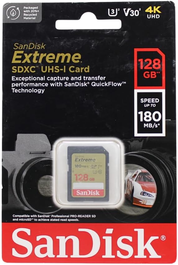SanDisk 128GB Extreme SDXC card, SD card up to 180MB/s, V30 Memory card, UHS-I, Class, 10, U3, V30, RescuePro Deluxe data recovery software.